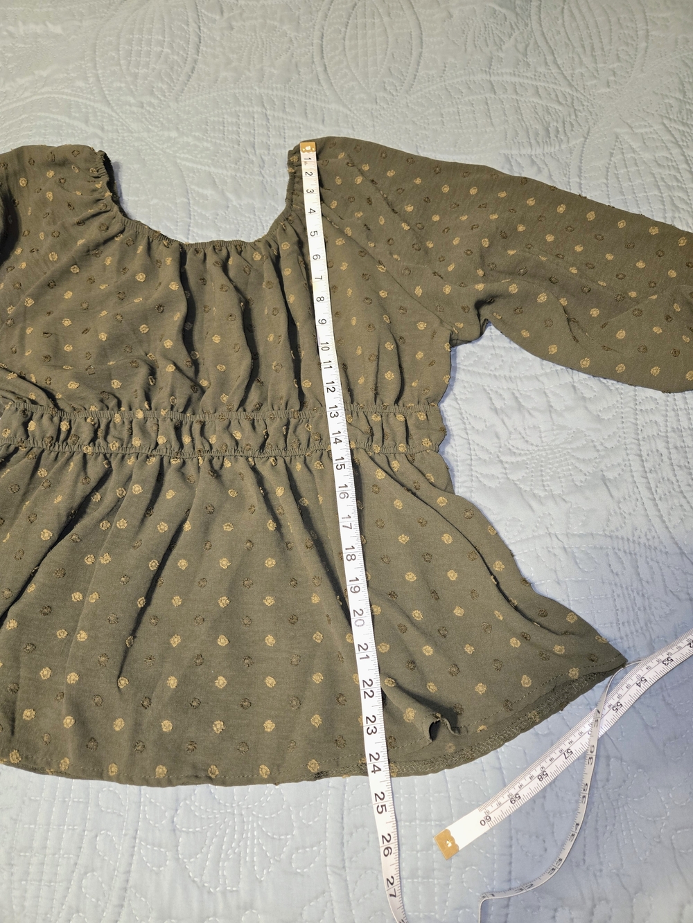 Women's Olive Green Peasant Blouse with Dotted Texture Boho - Picture 8 of 10